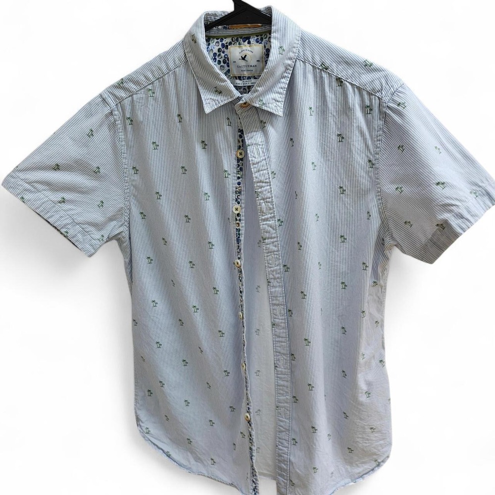 Cactusman Ricky Singh Mens Blue White Striped Palm Tree Short Sleeve Shirt M